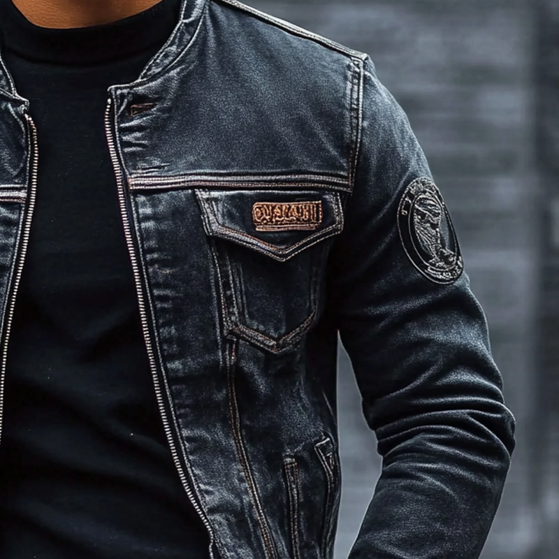 Męska kurtka dżinsowa vintage washed w ciemnym kolorze z pikowaną naszywką na piersi i haftem na rękawie