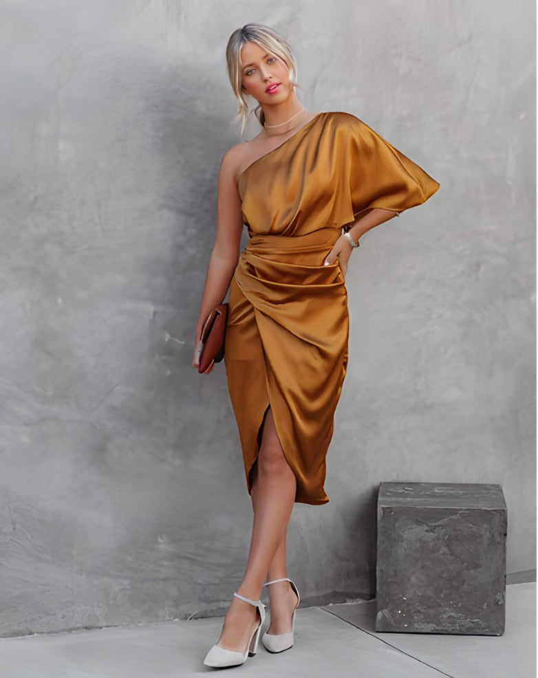 Women's Midi Dress | Asymmetric One Shoulder Cut | Ruched Style | Evening Look
