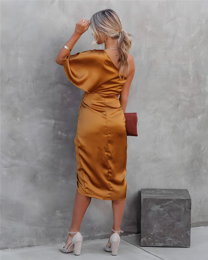 Women's Midi Dress | Asymmetric One Shoulder Cut | Ruched Style | Evening Look