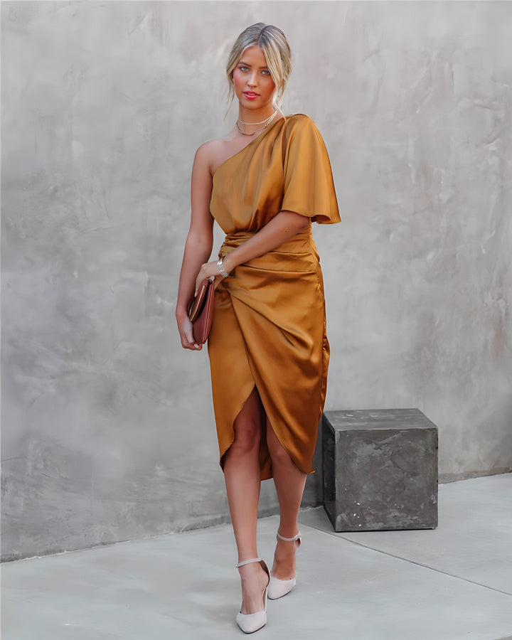 Women's Midi Dress | Asymmetric One Shoulder Cut | Ruched Style | Evening Look