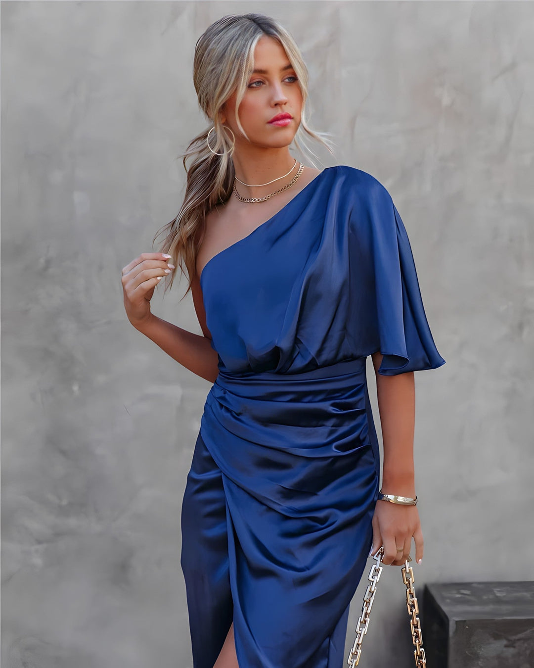 Women's Midi Dress | Asymmetric One Shoulder Cut | Ruched Style | Evening Look