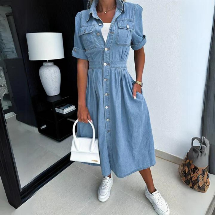 Women's Midi Dress | Denim Style | Short Sleeves | Casual Style