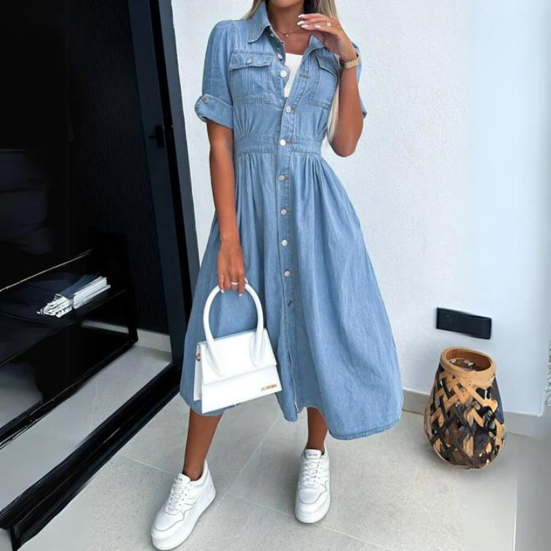 Women's Midi Dress | Denim Style | Short Sleeves | Casual Style