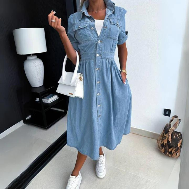 Women's Midi Dress | Denim Style | Short Sleeves | Casual Style