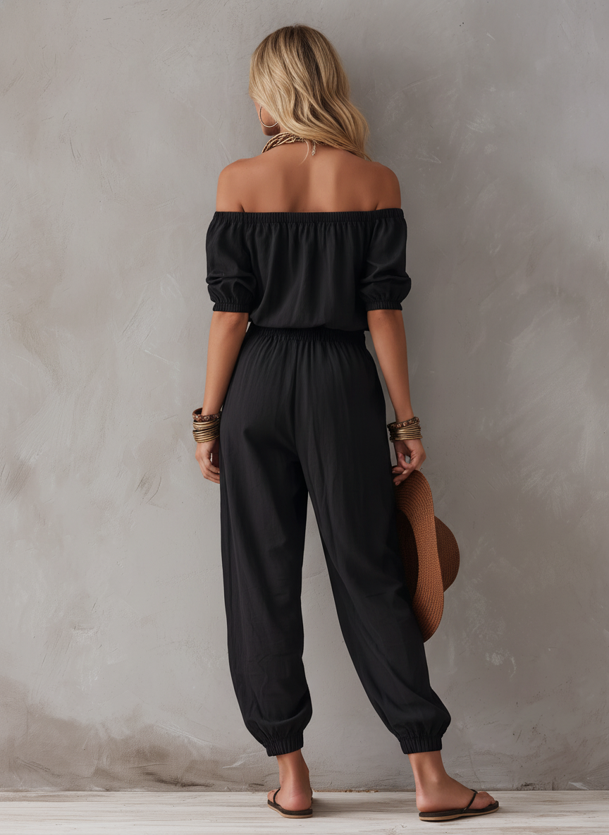 Czarny kombinezon damski off-shoulder bez rękawów