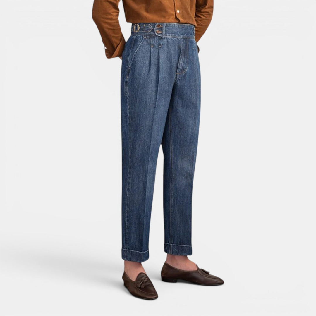 Men’s Everyday Denim-Style Trousers with Pleats and Straight Legs