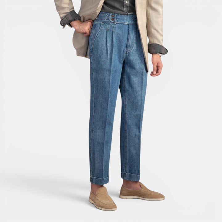 Men’s Everyday Denim-Style Trousers with Pleats and Straight Legs