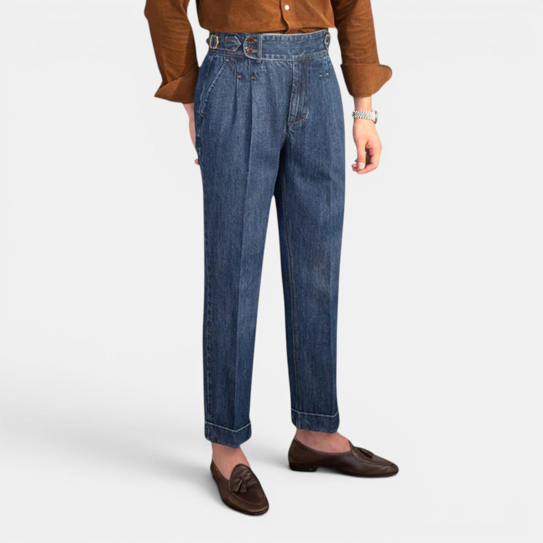 Men’s Everyday Denim-Style Trousers with Pleats and Straight Legs