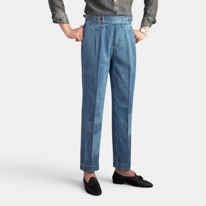 Men’s Everyday Denim-Style Trousers with Pleats and Straight Legs