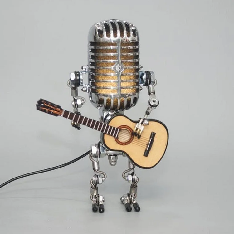 Metalowa lampa-robot z mikrofonem i gitarą – zabytkowa lampa biurkowa w formie rzeźby, idealna dekoracja inspirowana muzyką 0