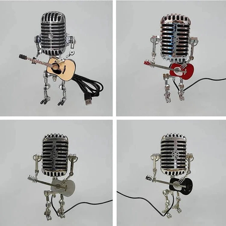 Metalowa lampa-robot z mikrofonem i gitarą – zabytkowa lampa biurkowa w formie rzeźby, idealna dekoracja inspirowana muzyką 2