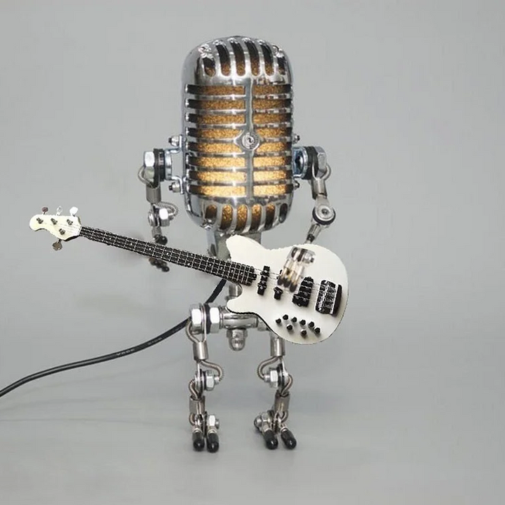 Metalowa lampa-robot z mikrofonem i gitarą – zabytkowa lampa biurkowa w formie rzeźby, idealna dekoracja inspirowana muzyką 5