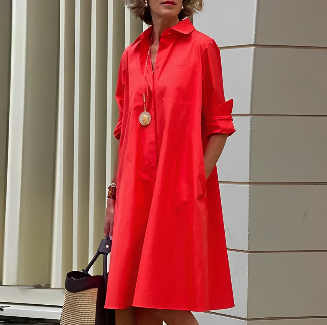 Damska Sukienka Koszulowa Midi | Luźny Krój | Długie Rękawy i Guziki | Casual Styl