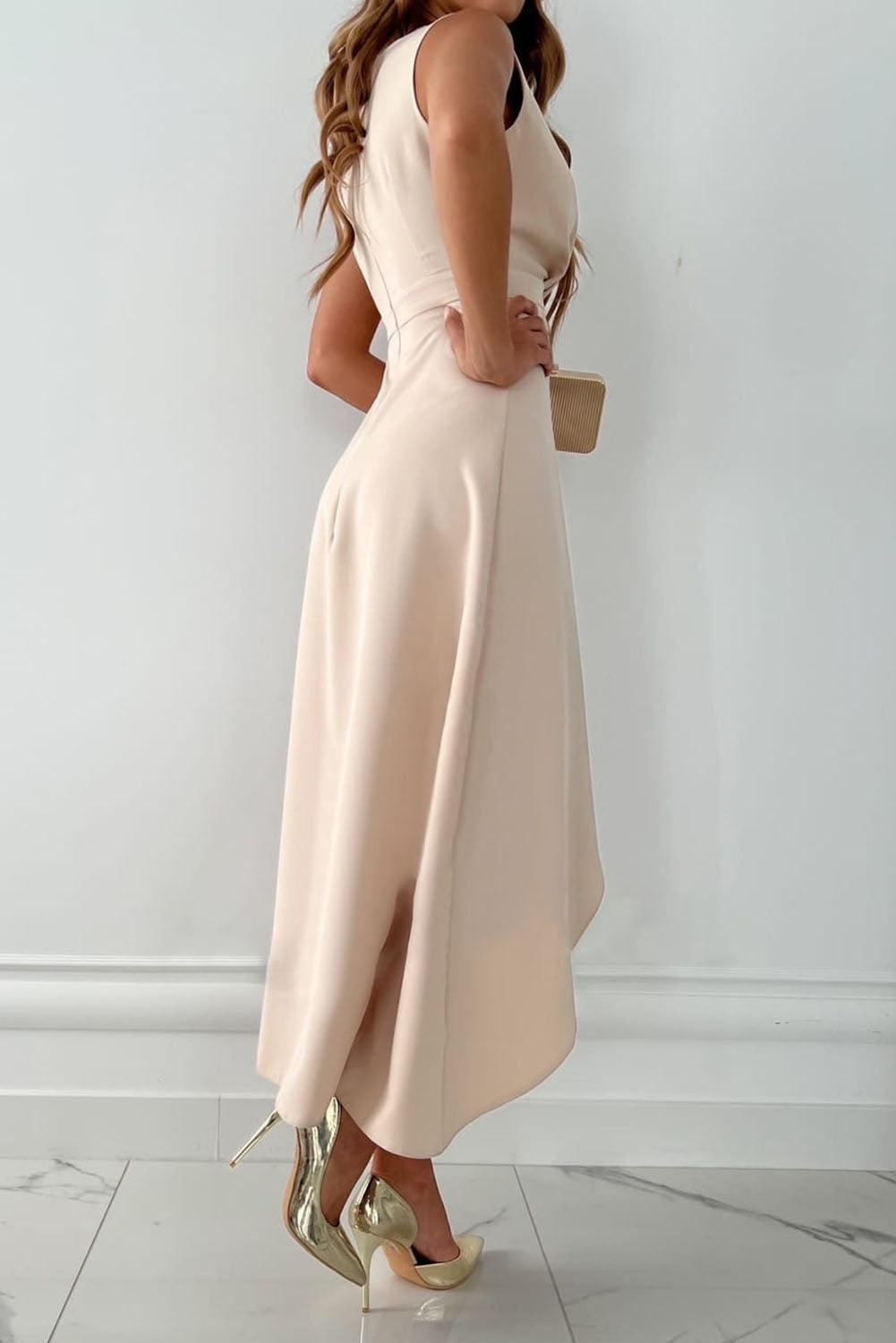 Women's Sleeveless Envelope Dress with Asymmetric Hem | Midi