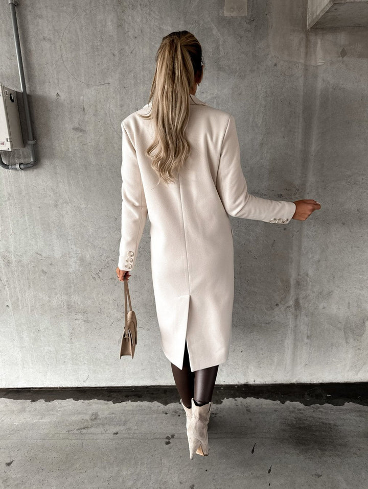 Women's Double-Breasted Long Coat with Notched Collar | Midi