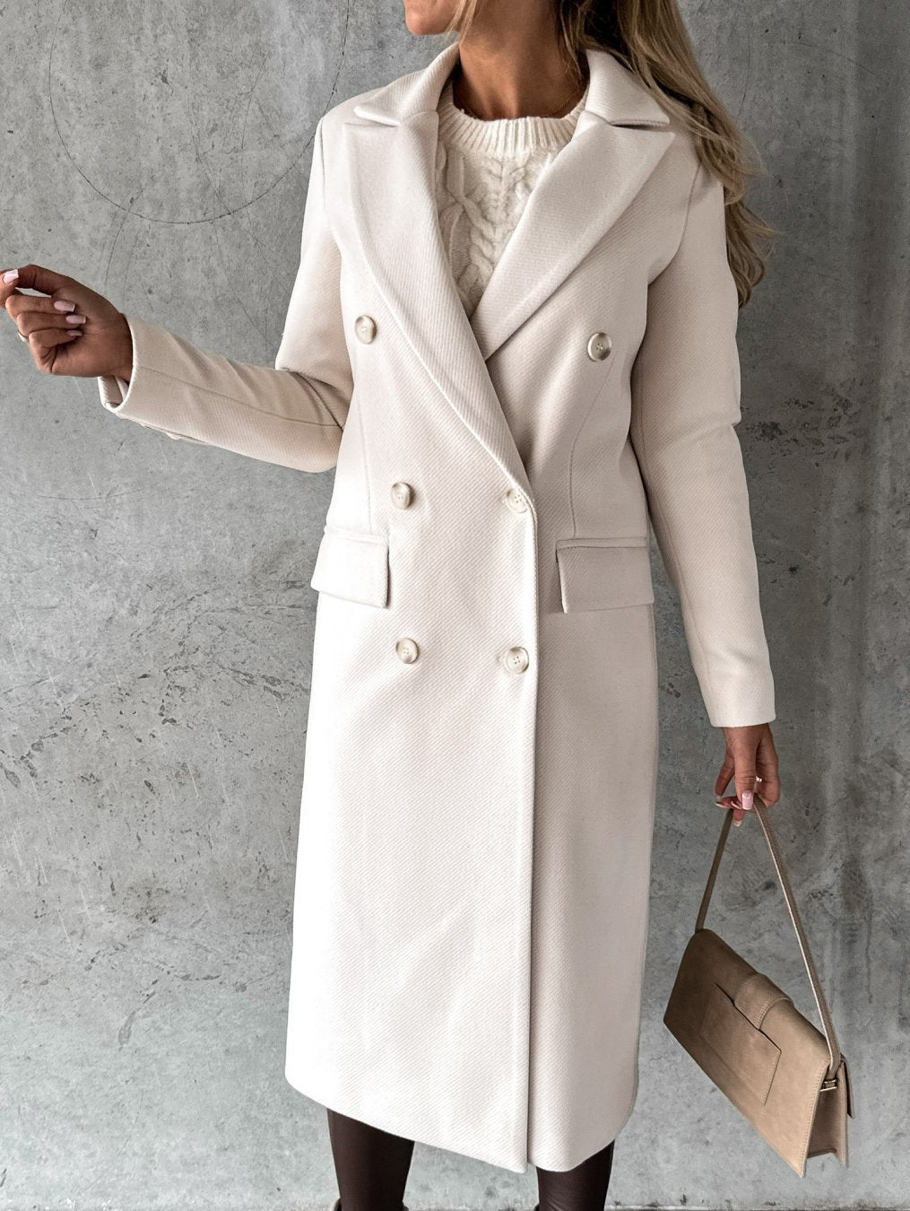 Women's Double-Breasted Long Coat with Notched Collar | Midi