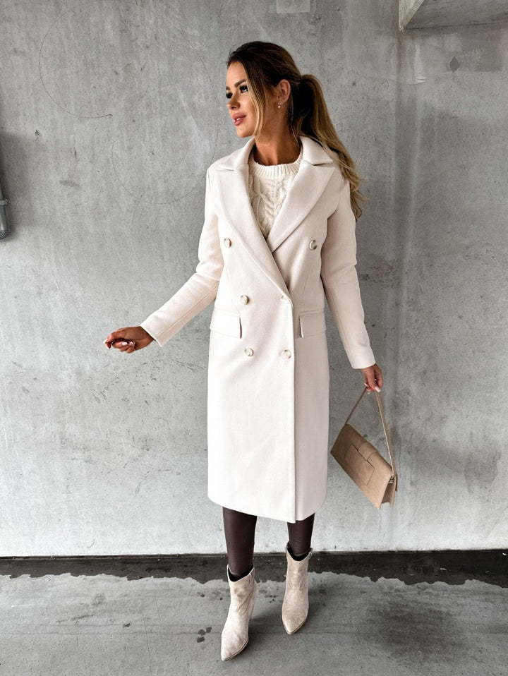 Women's Double-Breasted Long Coat with Notched Collar | Midi