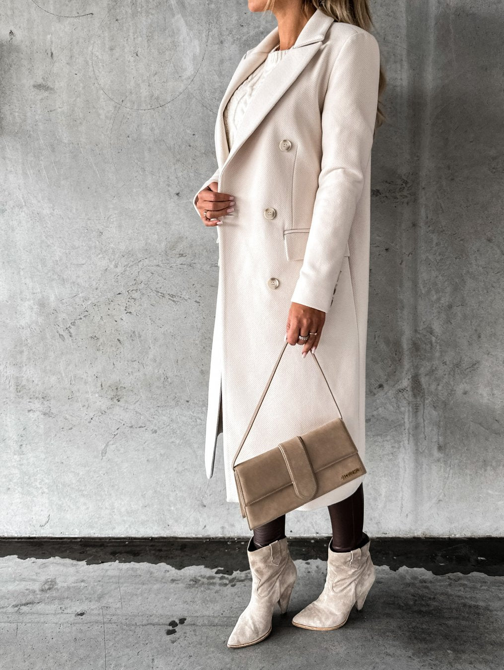 Women's Double-Breasted Long Coat with Notched Collar | Midi