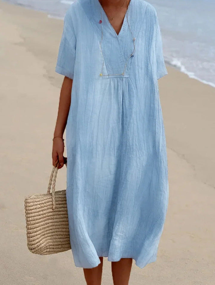 Magdalena | Women’s Summer Midi Dress with a V-Neckline and Loose Fit