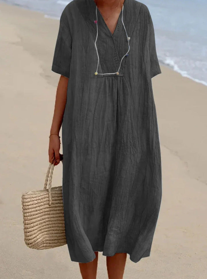 Magdalena | Women’s Summer Midi Dress with a V-Neckline and Loose Fit