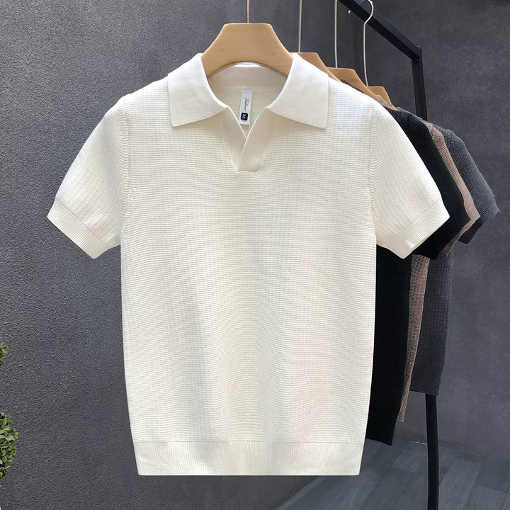 Men's Short Sleeve Collar Knit Texture Polo Shirt | Button Closure