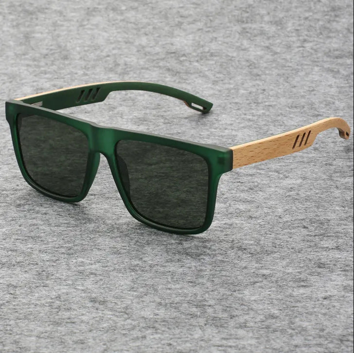 Męskie Okulary Przeciwsłoneczne | Prostokątna Oprawka | Drewniany Styl Zauszników | Casual Outdoor