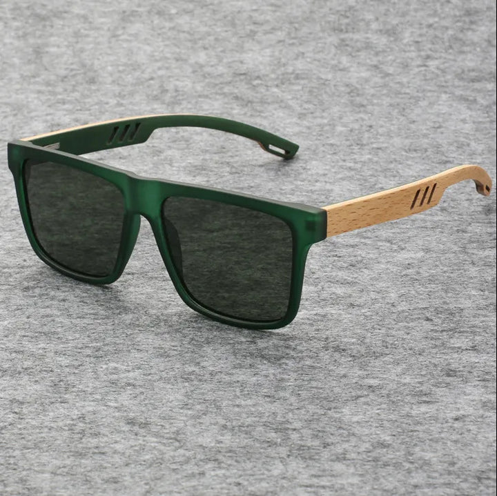 Męskie Okulary Przeciwsłoneczne | Prostokątna Oprawka | Drewniany Styl Zauszników | Casual Outdoor