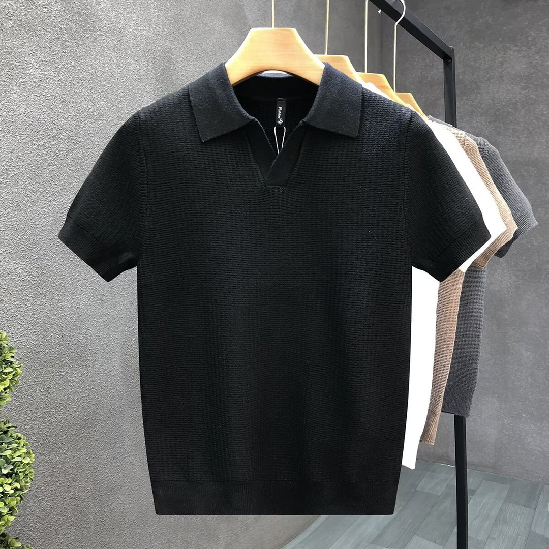 Men's Short Sleeve Collar Knit Texture Polo Shirt | Button Closure