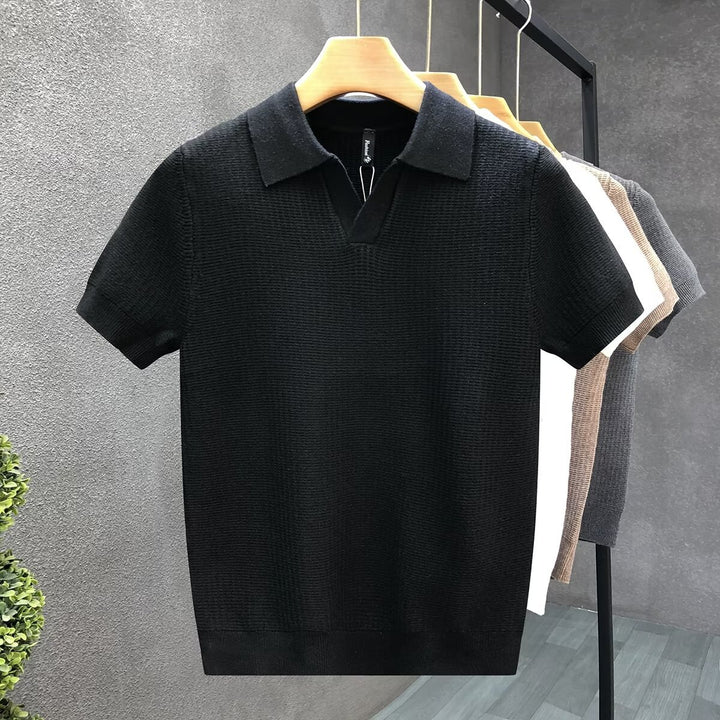 Men's Short Sleeve Collar Knit Texture Polo Shirt | Button Closure