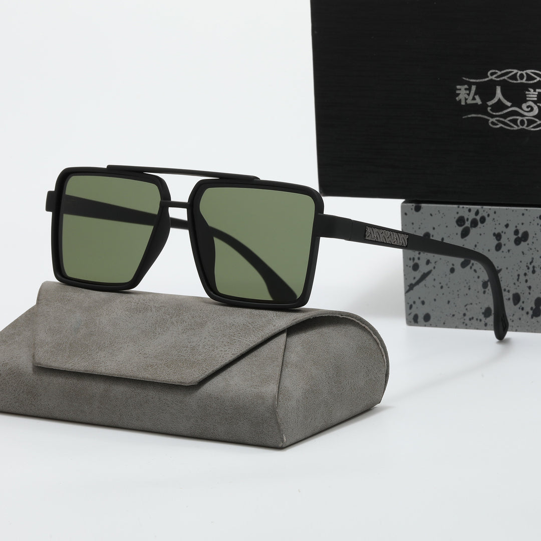 Men's Square Double Bridge Full Frame Sunglasses | Green Lenses