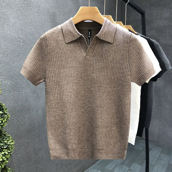 Men's Short Sleeve Collar Knit Texture Polo Shirt | Button Closure
