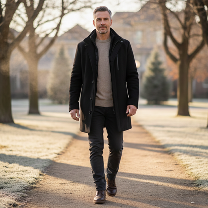 Męski płaszcz zimowy, wełna, stójka, zamek i guziki, klasyczny krój