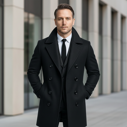 Men's double-breasted winter coat, wool blend, elegant knee-length cut