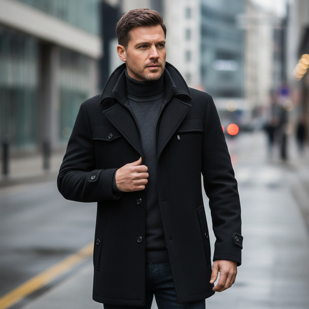 Męski płaszcz zimowy, wełna, stójka, zamek i guziki, klasyczny krój