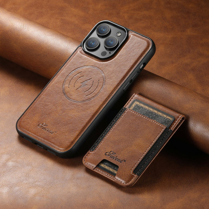 PremiumLeather – Etui na telefon ze skóry ekologicznej z uchwytem na karty i kompatybilnością z MagSafe