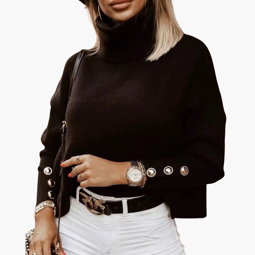 Women's Sweater with Buttons on the Cuffs and High Collar | Warm