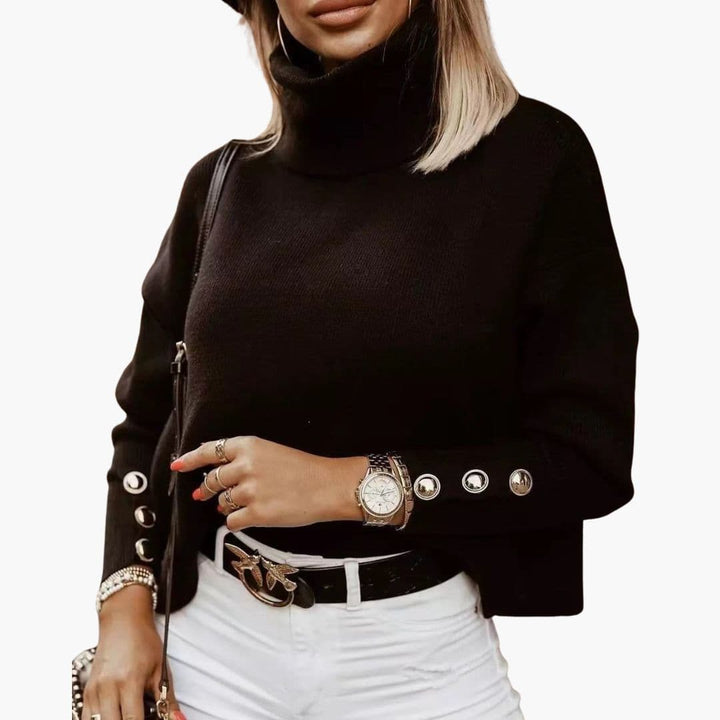 Women's Sweater with Buttons on the Cuffs and High Collar | Warm