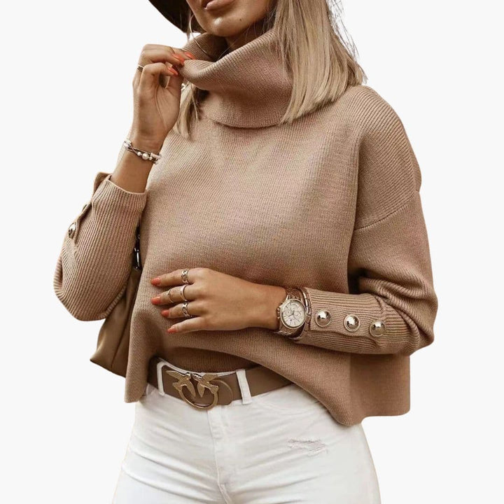 Women's Sweater with Buttons on the Cuffs and High Collar | Warm