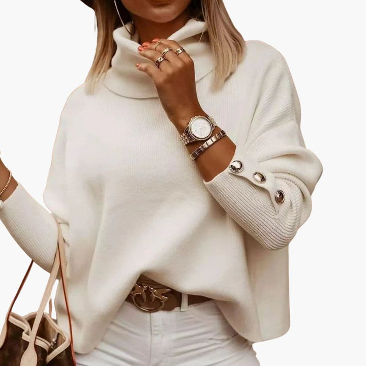 Women's Sweater with Buttons on the Cuffs and High Collar | Warm