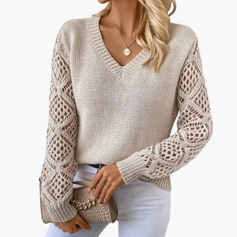Women's Knit Sweater | V-Neck and Decorative Sleeves | Everyday Style