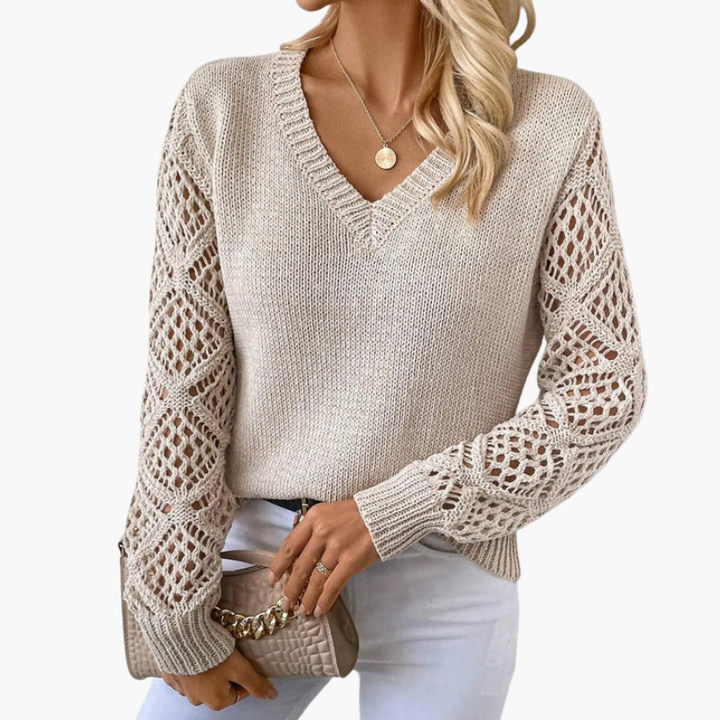 Women's Knit Sweater | V-Neck and Decorative Sleeves | Everyday Style