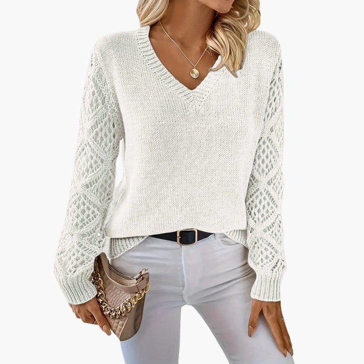 Women's Knit Sweater | V-Neck and Decorative Sleeves | Everyday Style
