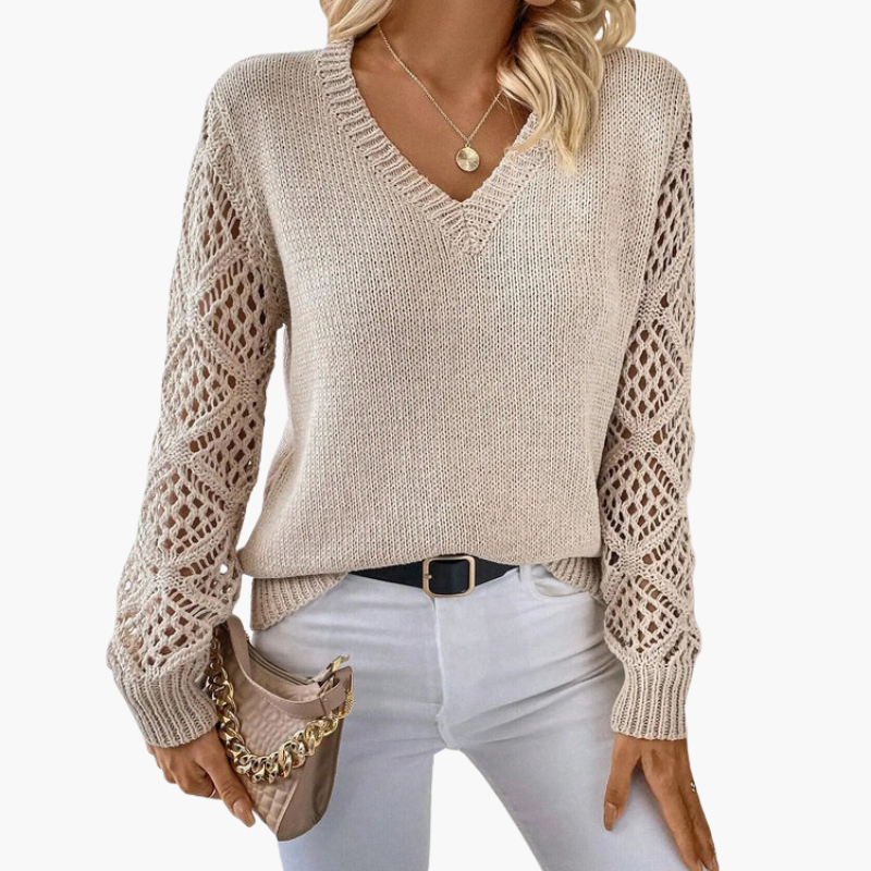 Women's Knit Sweater | V-Neck and Decorative Sleeves | Everyday Style