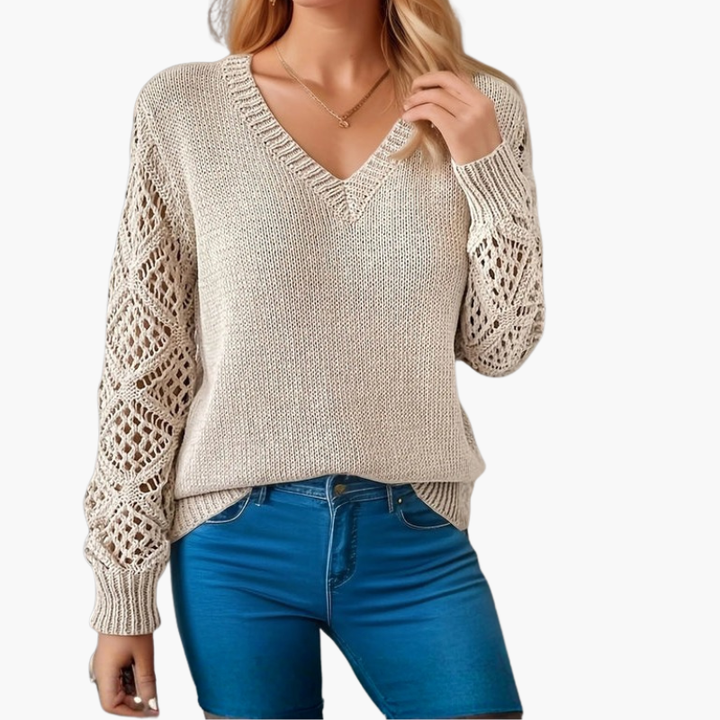 Women's Knit Sweater | V-Neck and Decorative Sleeves | Everyday Style