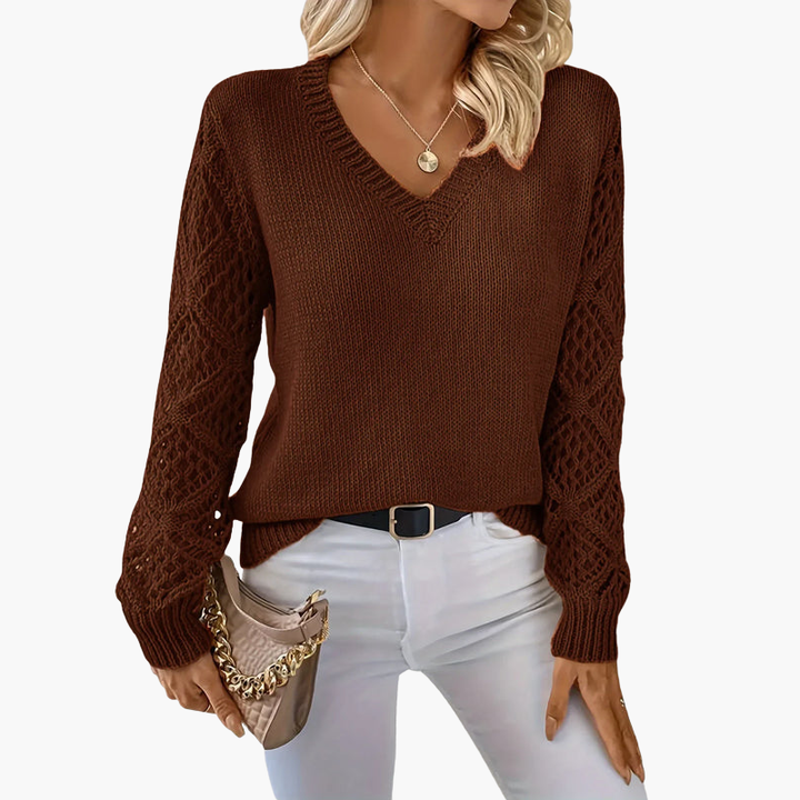 Women's Knit Sweater | V-Neck and Decorative Sleeves | Everyday Style