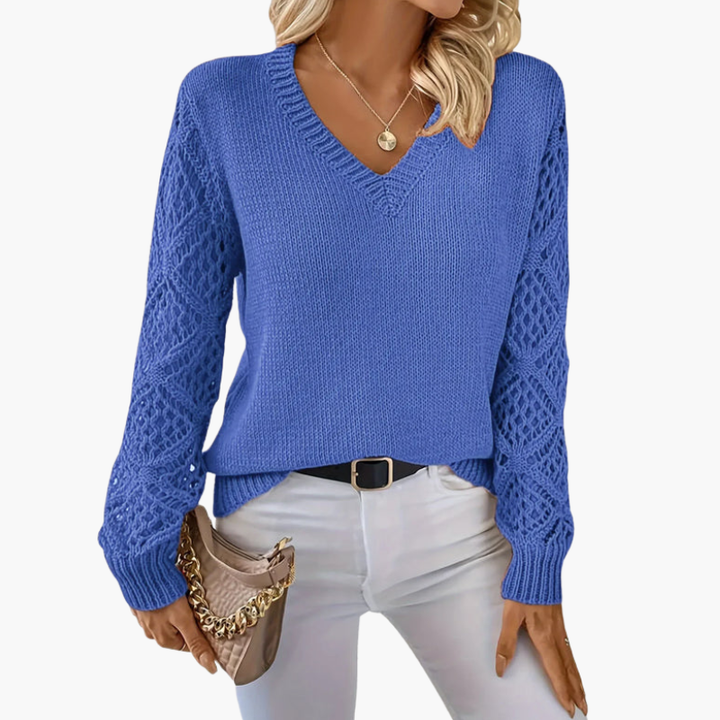 Women's Knit Sweater | V-Neck and Decorative Sleeves | Everyday Style