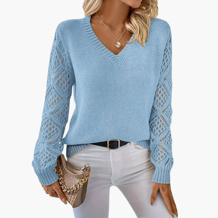 Women's Knit Sweater | V-Neck and Decorative Sleeves | Everyday Style