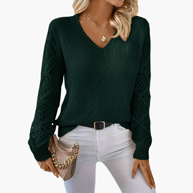 Women's Knit Sweater | V-Neck and Decorative Sleeves | Everyday Style