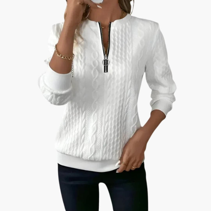 Women's Zip Sweater with Cable Knit V-Neck, Long Sleeve | Knitwear