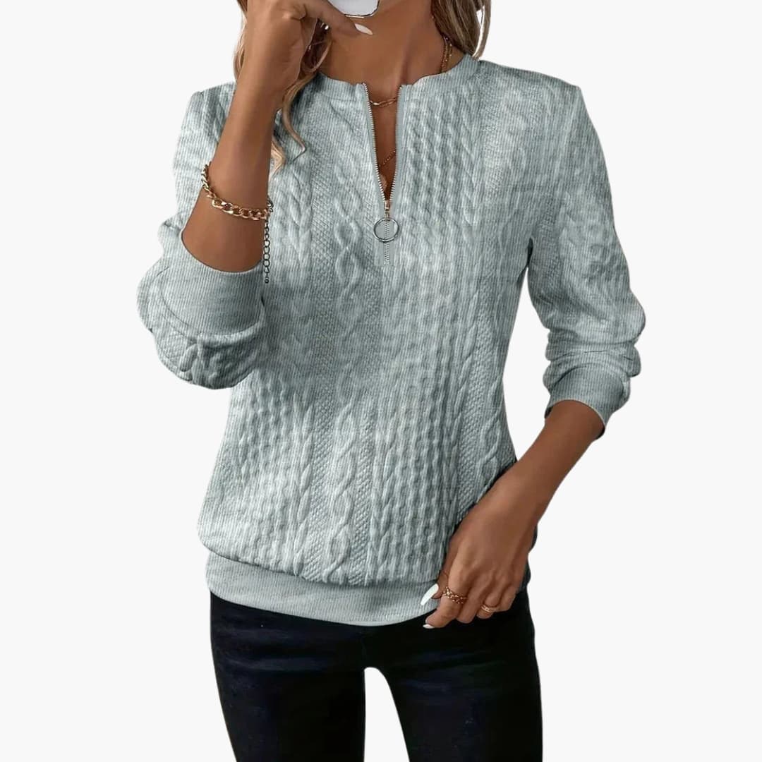 Women's Zip Sweater with Cable Knit V-Neck, Long Sleeve | Knitwear
